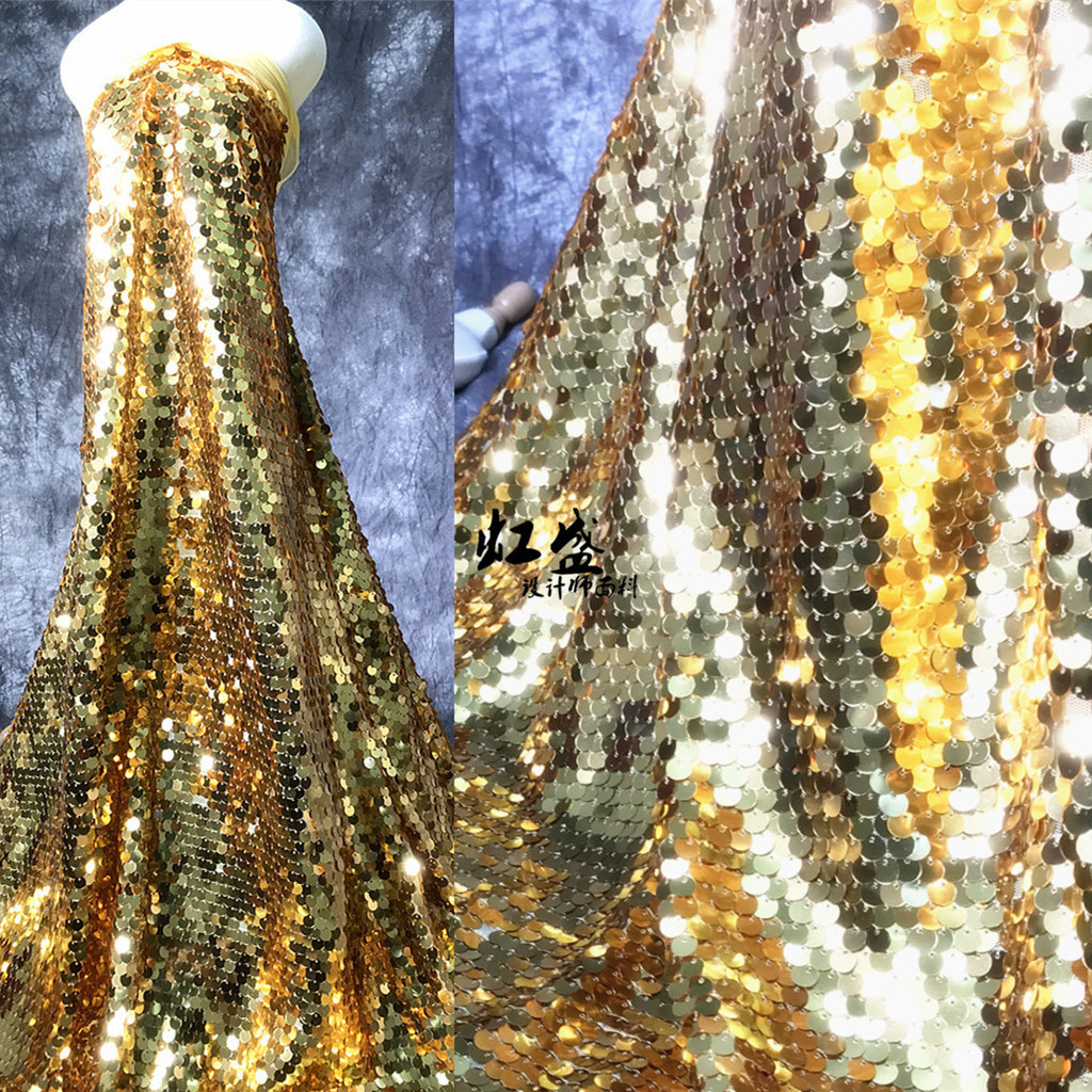 大氣高級9MM特密金黃色亮片網紗蕾絲服裝布料婚紗禮服設計師材質