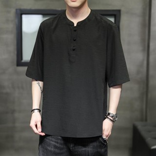 中國風男裝超薄款冰絲t恤男士短袖亞麻小衫寬鬆大尺碼棉麻唐裝250222