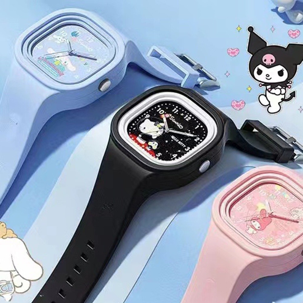 卡通手錶兒童三麗鷗防水手錶矽膠材料方形手錶 Kuromi Melody Hello Kitty 肉桂學生石英手錶兒童禮物