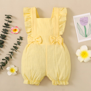 嬰兒連身衣 0-18 個月幼兒女嬰純色黃色無袖荷葉邊蝴蝶結連身衣時尚可愛活力風格嬰兒夏季休閒裝