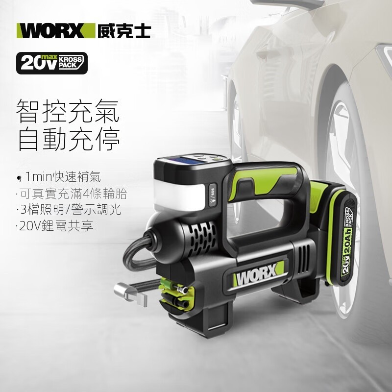 威克士20V鋰電車載充氣泵WU092（2.0單電）可攜式汽車打氣泵