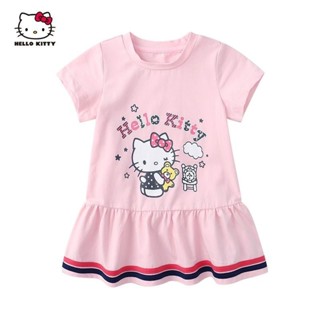 凱蒂貓 Hello Kitty童裝女童洋裝 圓領可愛卡通短袖百褶裙印花中長裙