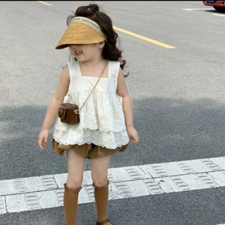 韓國童裝 女童夏季套裝 女童洋氣背心刺繡娃娃衫 2024夏季新款 中兒童女寶無袖上衣花苞褲兩件套套裝