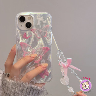 粉色羽紗蝴蝶適用iphone 15promax手機殼新款14pro雙層12promax手腕鏈條適用iPhone13氣質1