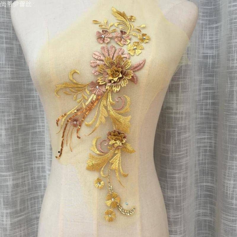新款金色燙鑽刺繡蕾絲花朵貼花 旗袍禮服婚紗時裝裝飾DIY需縫製