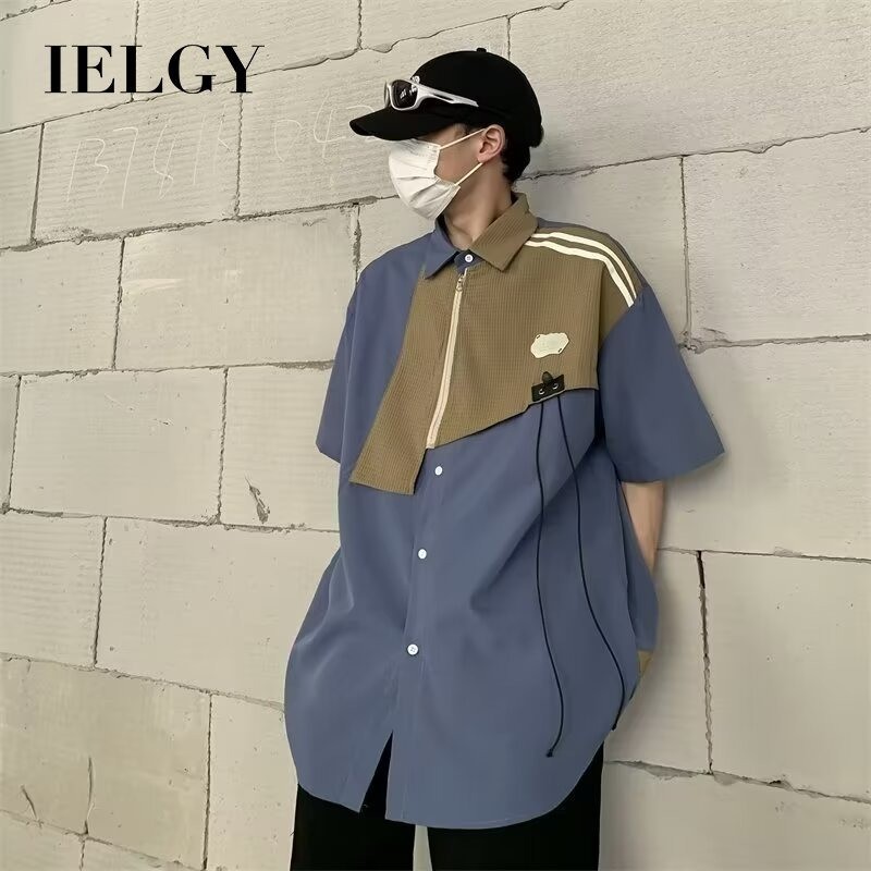 Ielgy拼接短袖襯衫男士夏季工裝上衣