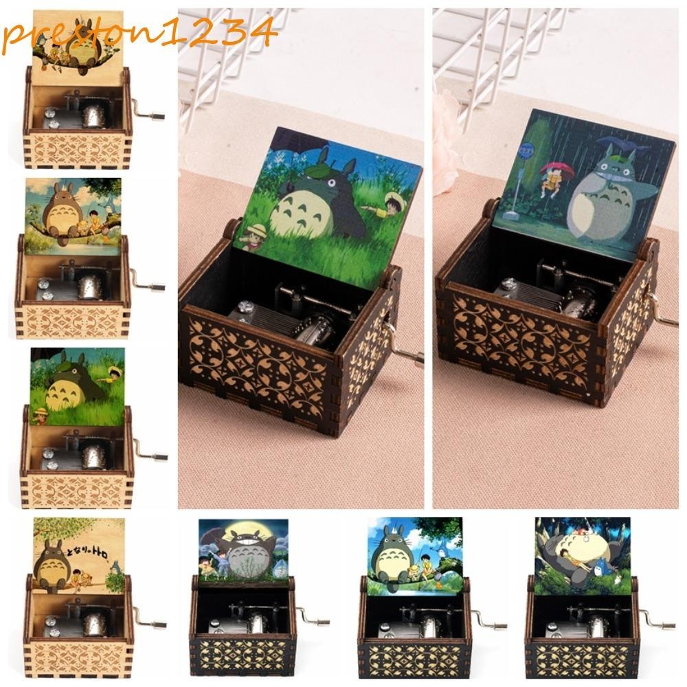 PRESTONTotoro音樂盒,色彩繽紛雕刻圖案Totoro木製手搖音樂盒,動漫音樂復古龍托羅音樂盒