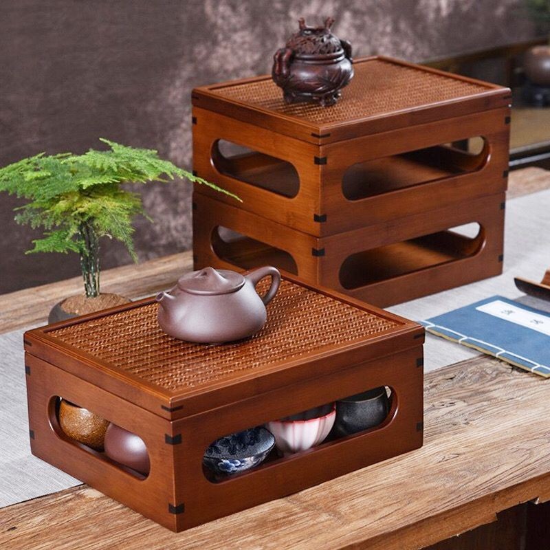 【青瓷茶具】竹製多寶格 乾隆百寶箱茶具收納盒 茶櫃茶臺置物架 茶桌茶壺杯收納架