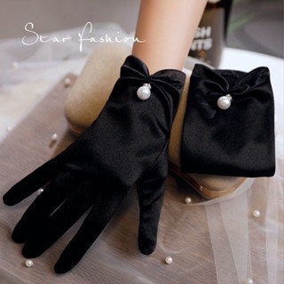 旗袍配飾 珍珠蝴蝶結法式短手套 黑色絲絨手套 復古手套
