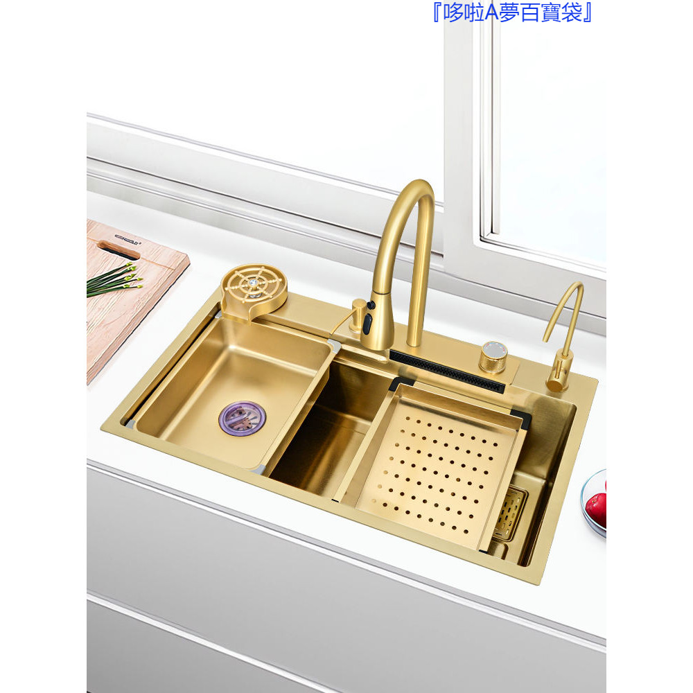 『免運』 ♞金色304不鏽鋼飛雨瀑布水槽洗菜盆大單槽台中下盆廚房洗菜池加厚