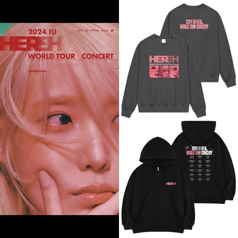 韓國流行音樂 IU H.E.R. 世界巡迴演唱會 2024 男/女連帽衫設計輔助服裝同款運動衫中性街頭服飾夾克運動衫上衣