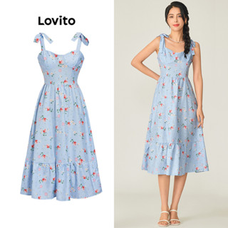 Lovito 女用休閒花卉結構線條荷葉邊連身裙 L71ED159 (淺藍色)