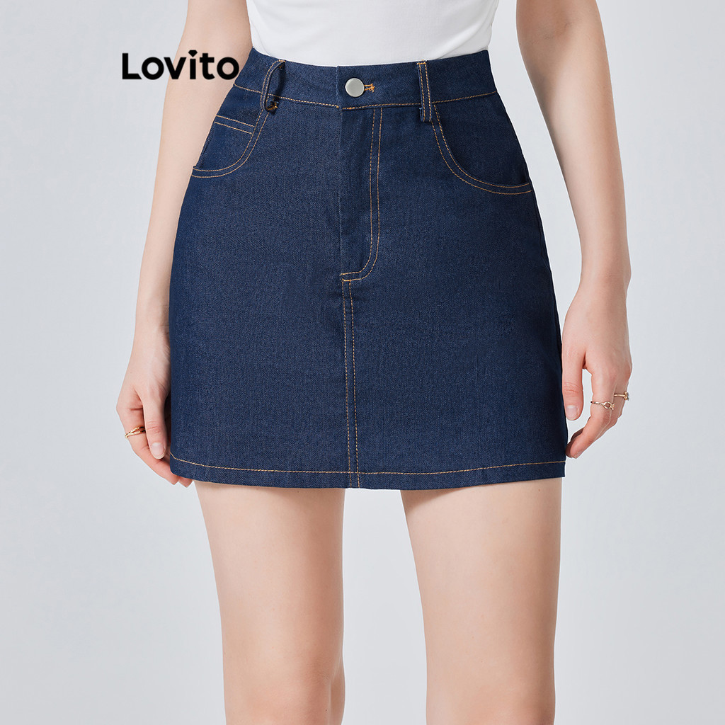 Lovito 女款休閒素色口袋牛仔裙 L74ED016