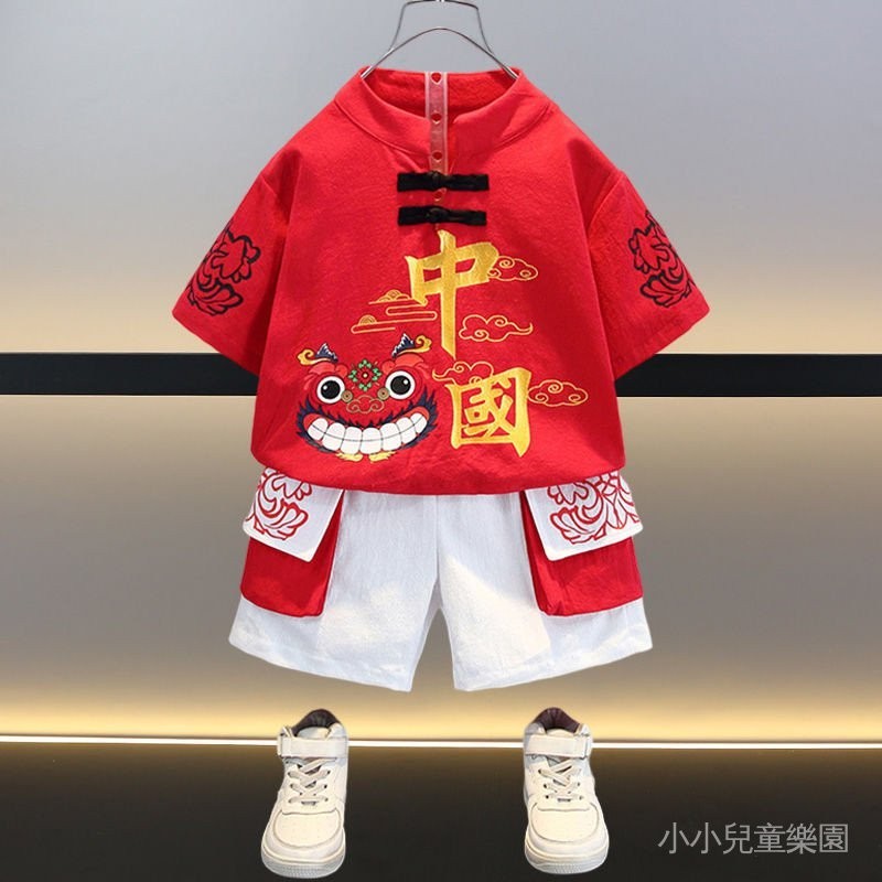 【一口價】男童唐裝套裝夏季中國風2023新款國潮漢服兒童男寶寶短袖洋氣夏裝 XATQ