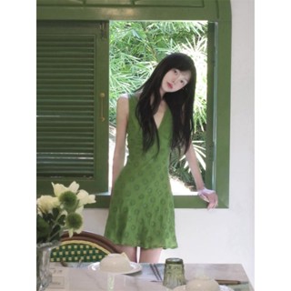 復古綠色V領洋裝女春季法式緊身小個子短裙