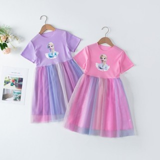 Mombaby 現貨韓版兒童洋裝冰雪奇緣公主裙女童艾莎彩虹洋裝愛莎裙子新款小孩裙子冰絲材質