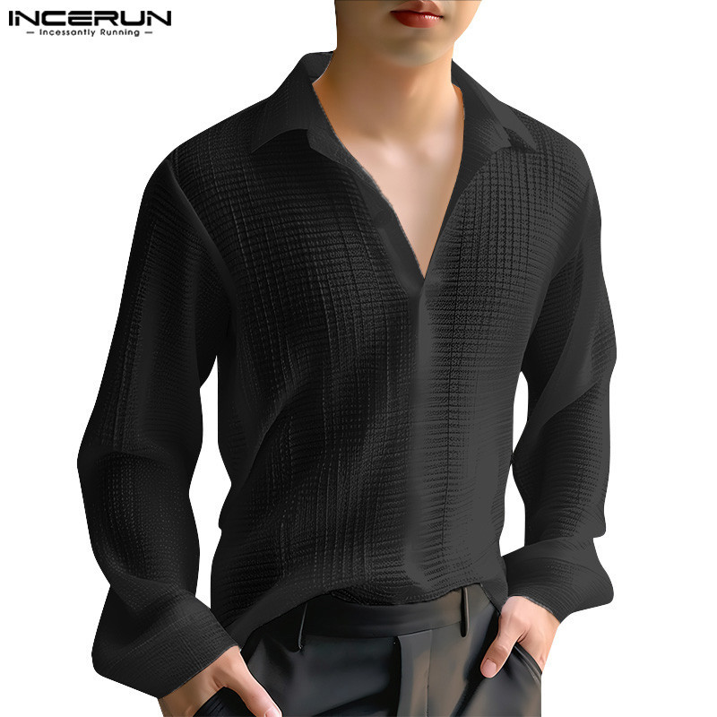 Incerun 男士韓版時尚V領翻領寬鬆純色長袖襯衫