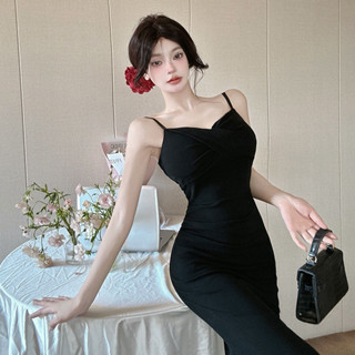 【HOT 本舖】女裝 實拍女神範吊帶連衣裙女夏褶皺性感無袖包臀裙魚尾氣質開叉中長裙
