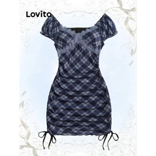 Lovito 女式復古素色褶飾蕾絲洋裝 LSE01073