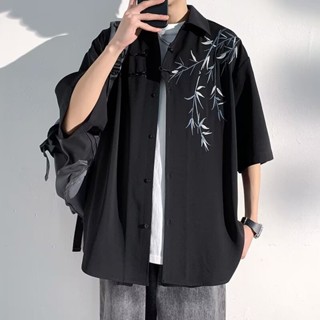 新中式中國風盤扣刺繡長袖襯衫 男裝設計感 高級唐裝道袍襯衫外套春