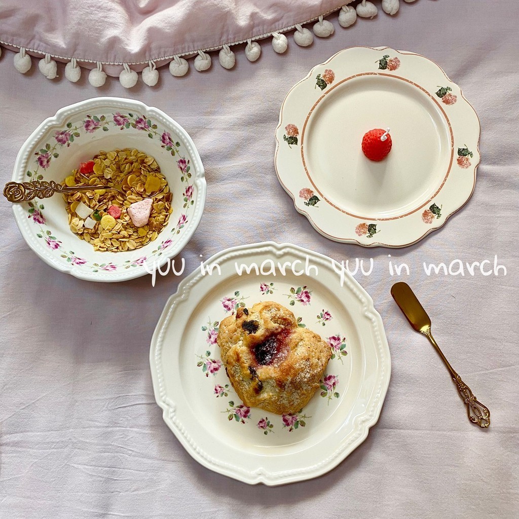 【精美餐具】韓國ins碎花玫瑰甜品盤蛋糕盤 法式田園花朵麥片碗復古做舊盤子