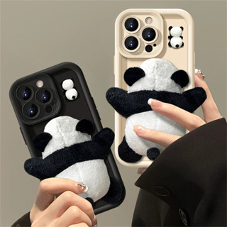 豪華可愛卡通 3D 毛絨熊貓娃娃啞光矽膠軟殼適用於 iPhone 16 15 14 Pro Max 13 12 Pro