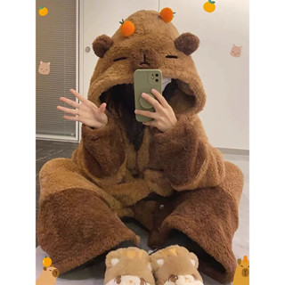 小紅書卡皮巴拉情侶睡衣 冬季加絨加厚卡通睡袍家居服套裝 珊瑚絨睡衣 大尺碼 情侶睡衣 睡衣 睡褲 家居服 保暖 四季沐歌