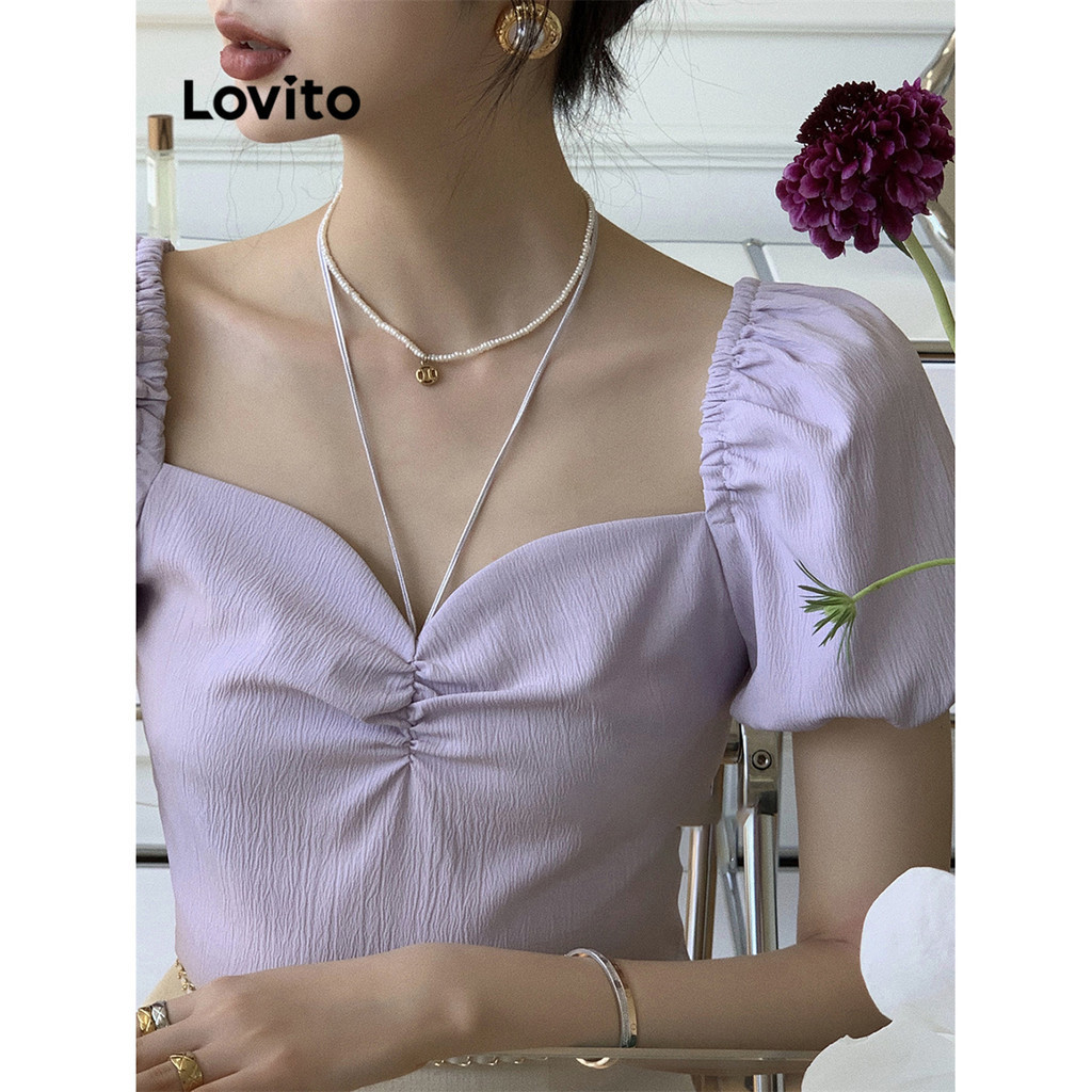 Lovito 女用優雅素色褶飾後抽繩襯衫 L77ED204