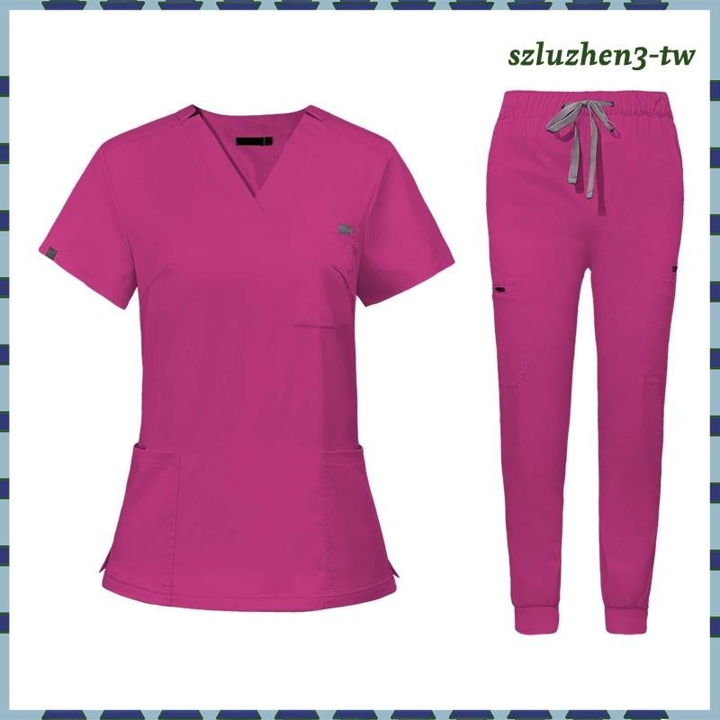 [SzluzhenfbTW] 制服磨砂套裝帶口袋護士上衣和褲子現代女性工作服工作服運動寵物美容工作服,xl,玫瑰紅