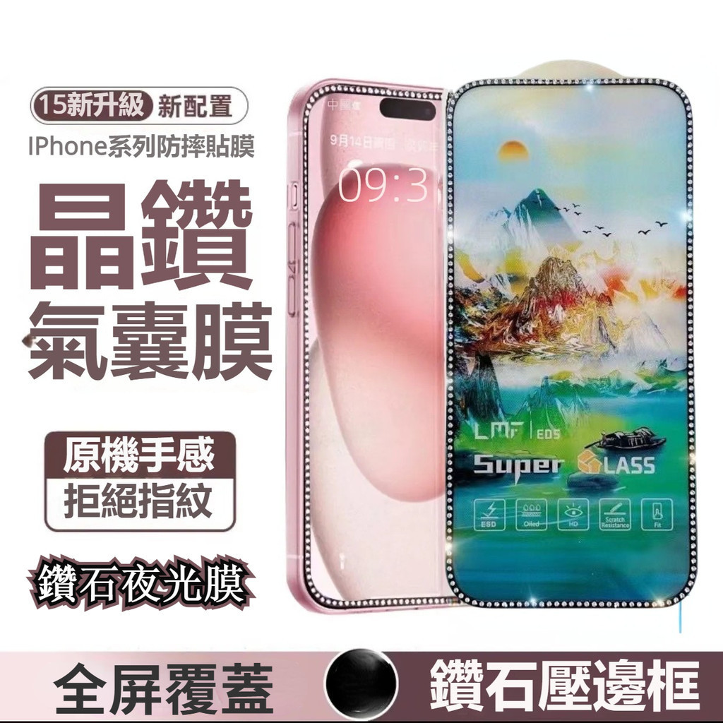 頂級鑽石晶鑽膜 滿版保護貼 防窺 磨砂 玻璃貼 適用於蘋果iphone15 14 13 12 Pro Max 夜光保護貼