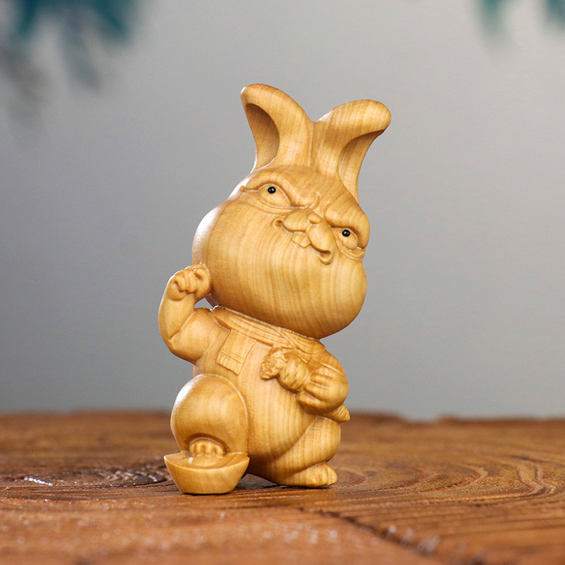 黃楊木雕手把件新中式實木生肖兔子吊飾奮發兔強家居飾品招財擺件