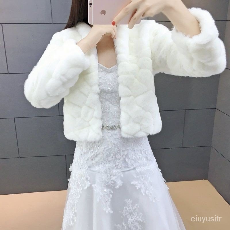 【熱銷】冬季婚紗新娘披肩長袖韓版伴娘禮服白色披肩大小碼加厚保暖外套秋