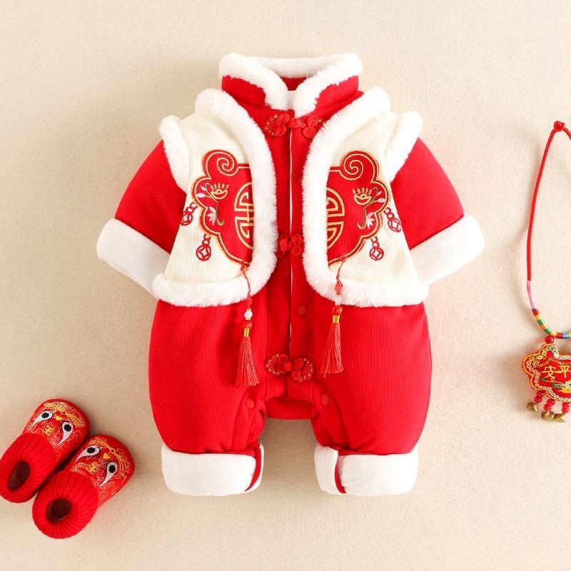 嬰兒衣服冬裝連身衣男寶寶紅色喜慶週歲百天新年女冬天過年拜年服