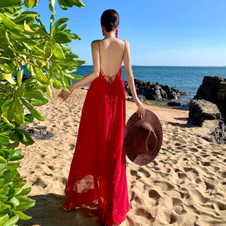 雯曦女裝現貨實拍度假洋裝紅色超仙沙灘三亞旅行穿搭氣質露背吊帶長裙