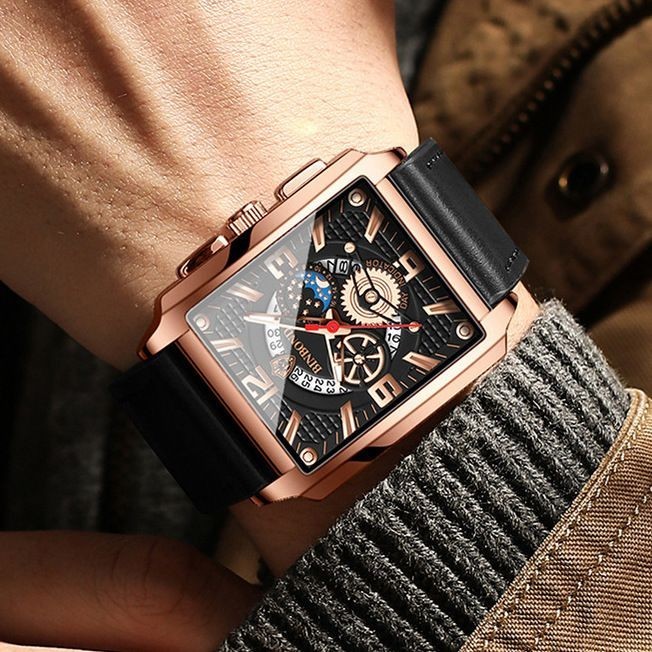 新款高檔方錶盤男士手錶全自動非機械錶進口精緻商務金錶男款夜光