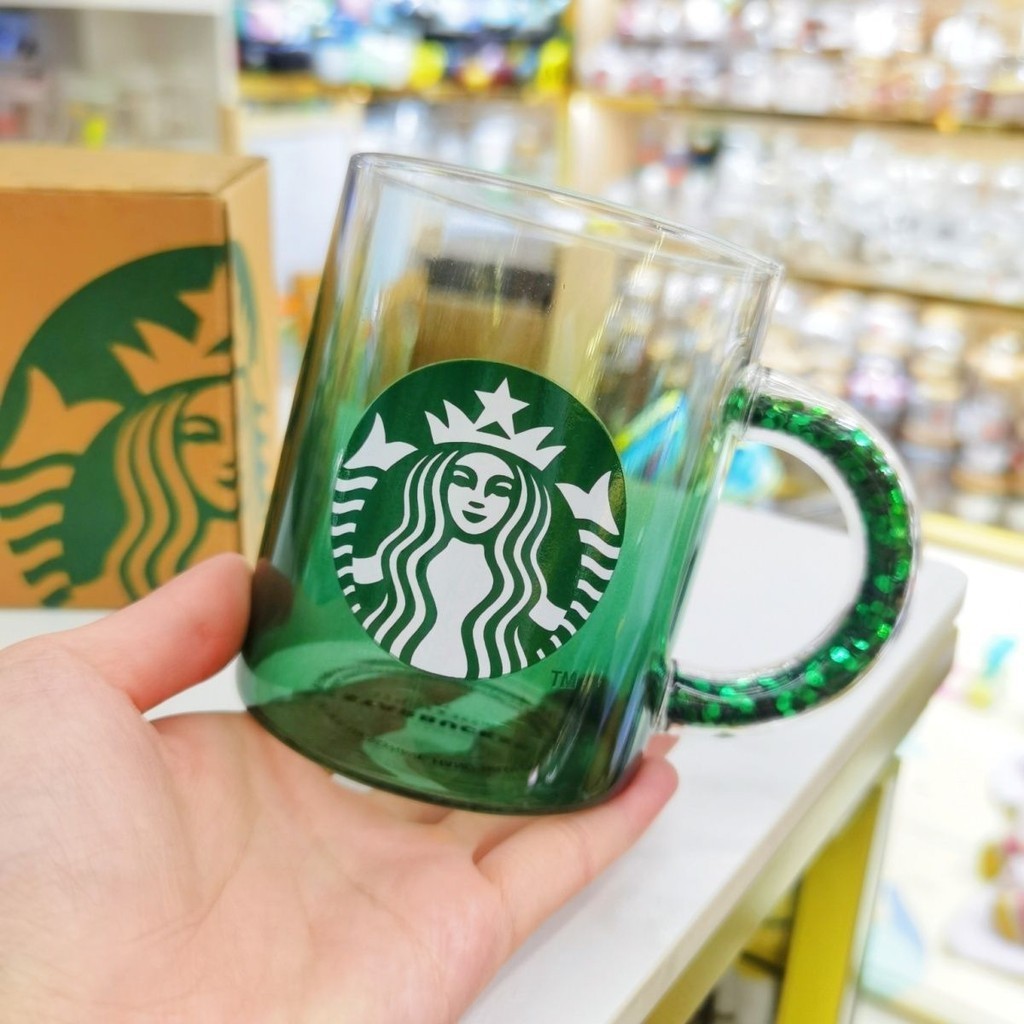 星巴克漸變綠色咖啡杯水晶手柄馬克杯辦公室水杯高硼硅玻璃杯子
