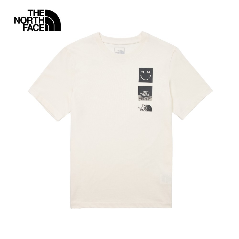 The North Face北面男女款米白色純棉胸口趣味品牌LOGO印花休閒短袖T恤｜8AUYQLI