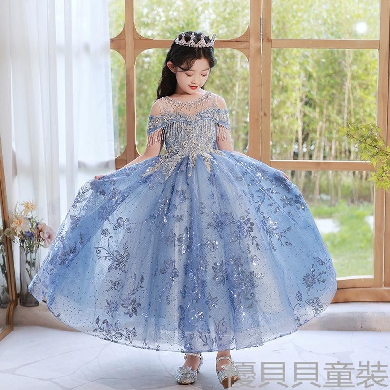 【現貨速發】女童禮服公主裙藍色鋼琴演奏禮服主持人中大童走秀生日晚禮服