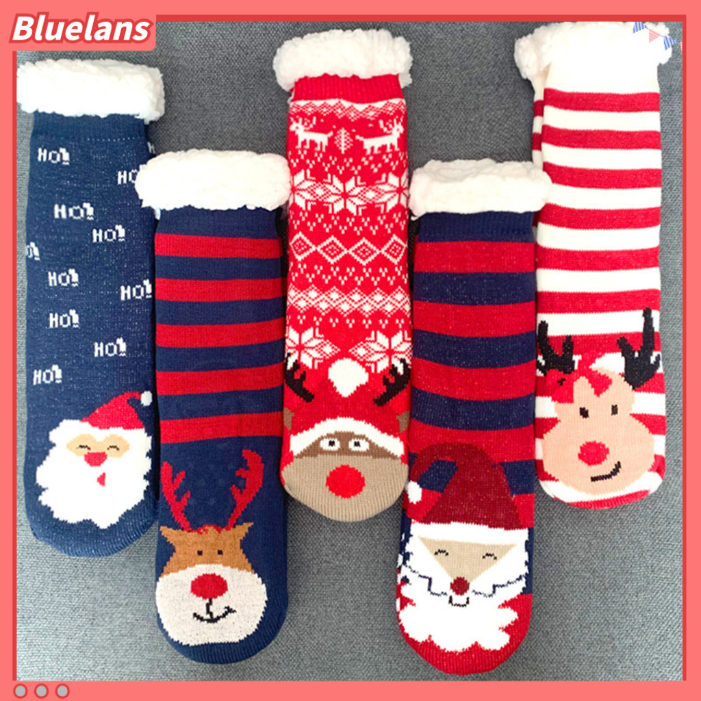 Bluelans 1 雙地板襪聖誕聖誕老人/馴鹿/兔子加厚夏爾巴襯裡中小腿彈力防寒防滑冬季保暖女式室內家用拖鞋睡襪