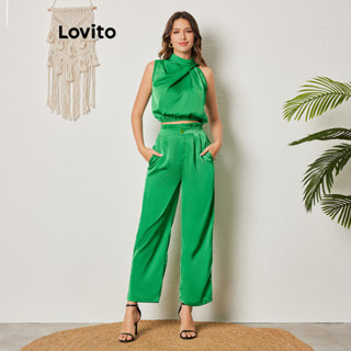 Lovito 女用優雅素色褶襉結連結長褲套裝 LBL08444