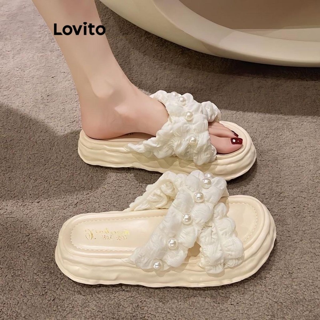Lovito 可愛素色珍珠十字交叉泡泡紗厚底女式平底涼鞋 LFA20363