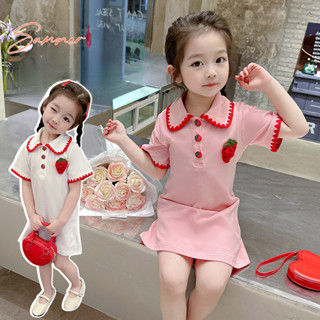 女童洋裝夏季 草莓短袖裙子學院運動風Polo裙