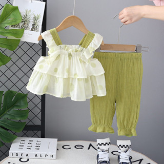 兒童夏季兒童女孩拖鞋蛋糕裙衣服印花背心褲子嬰兒可愛套裝兒童幼兒時尚純棉服裝嬰兒運動服