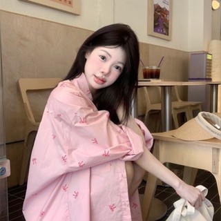 白領麗人 【503人好評】2024粉色蝴蝶結印花長袖襯衫秋季新款甜美慵懶寬鬆防曬外套上衣女