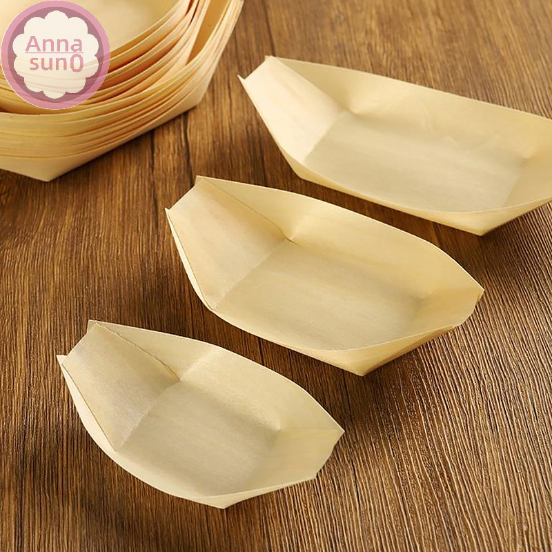 Annasun 50 件一次性木製服務船盤子托盤壽司沙拉甜點碗天然松木服務船派對用品 HG
