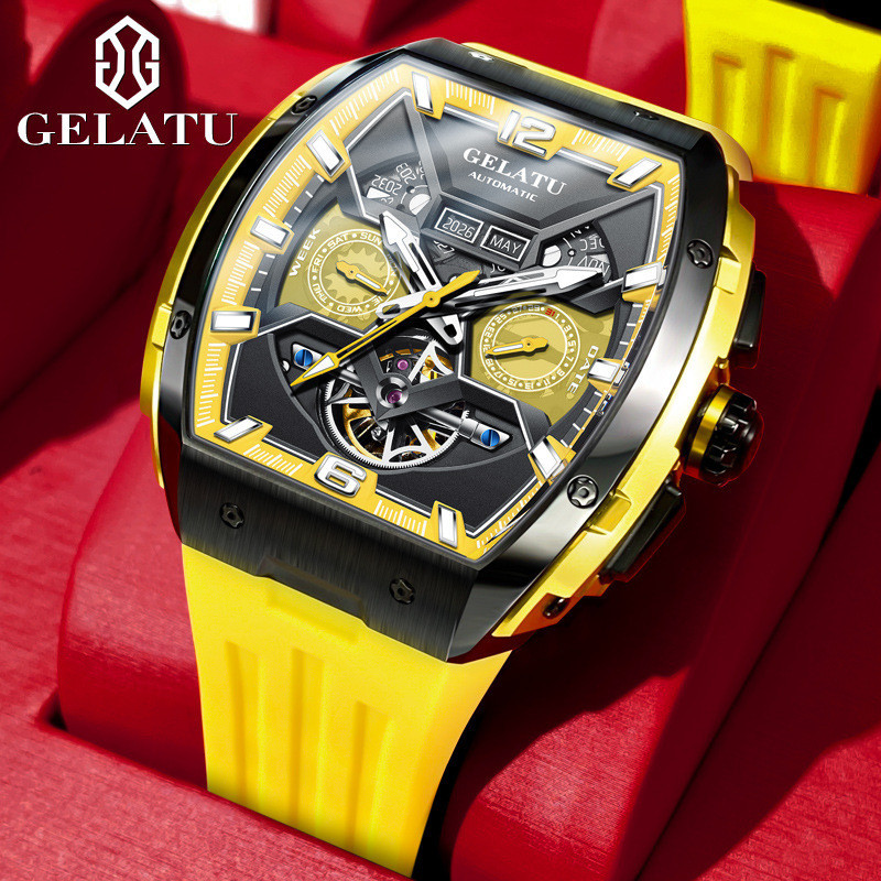 男士手錶腕錶現貨禮物時尚休閒矽膠錶帶多功能方形防水全自動機械錶男士手錶