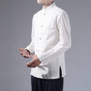 中式復古唐裝襯衫男士長袖中國風漢服立領盤扣白襯衫休閒男裝上衣