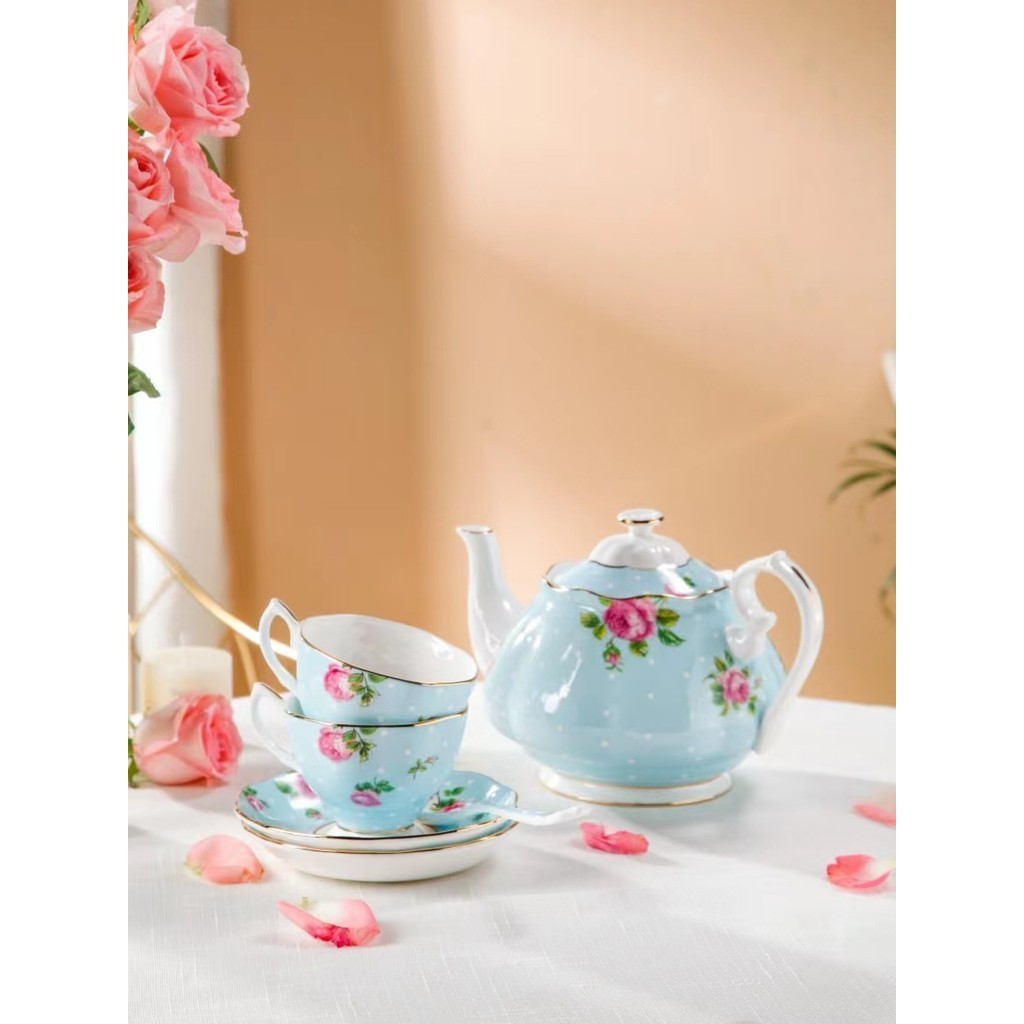 波爾卡藍玫瑰系列骨瓷甜點盤咖啡杯茶壺米飯碗馬克杯