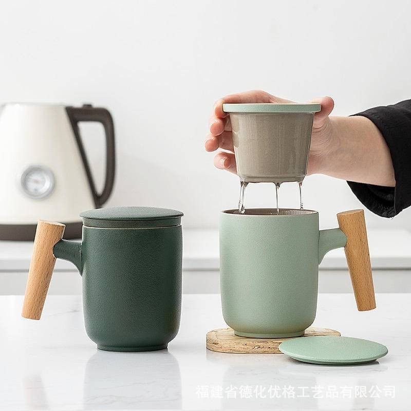 茶水分離泡茶杯子陶瓷磨砂家用辦公室木柄馬克杯帶蓋過濾個人可定