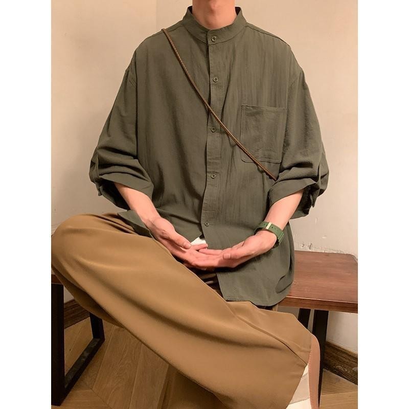 新中式國風男裝立領亞麻短袖襯衫夏季薄款寬鬆唐裝中山裝七分外套